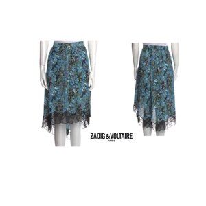 Zadig & Voltaire Joslin Bohemian Patch Blue Print and Lace high low skirt Sz M
